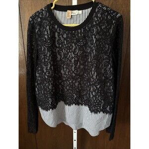 Vineyard Vines Black Lace Overlay Over Blue Stripe Blouse Women's L Whimsygoth